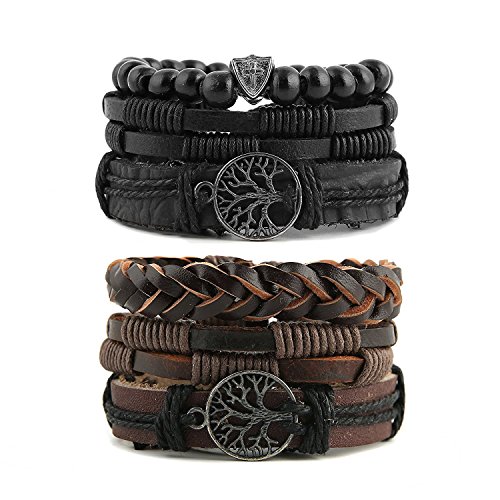 HZman Mix 6 Wrap Pulseras Hombres Mujeres, cáñamo Cuerdas Cuentas de Madera étnico Tribal Pulseras Pulseras de Piel