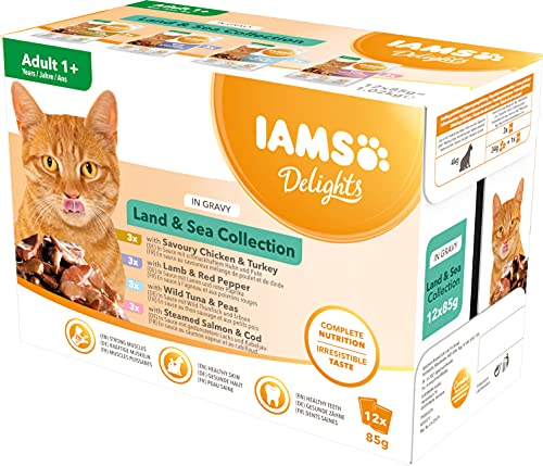 IAMS Delights Land & Sea Collection Alimento húmedo en salsa - para gatos adultos con diversos sabores a carne y pescado, 12 x 85g