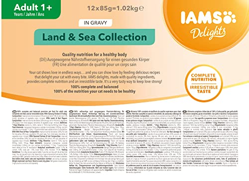 IAMS Delights Land & Sea Collection Alimento húmedo en salsa - para gatos adultos con diversos sabores a carne y pescado, 12 x 85g