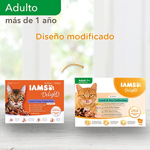 IAMS Delights Land & Sea Collection Alimento húmedo en salsa - para gatos adultos con diversos sabores a carne y pescado, 12 x 85g