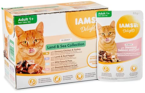 IAMS Delights Land & Sea Collection Alimento húmedo en salsa - para gatos adultos con diversos sabores a carne y pescado, 12 x 85g