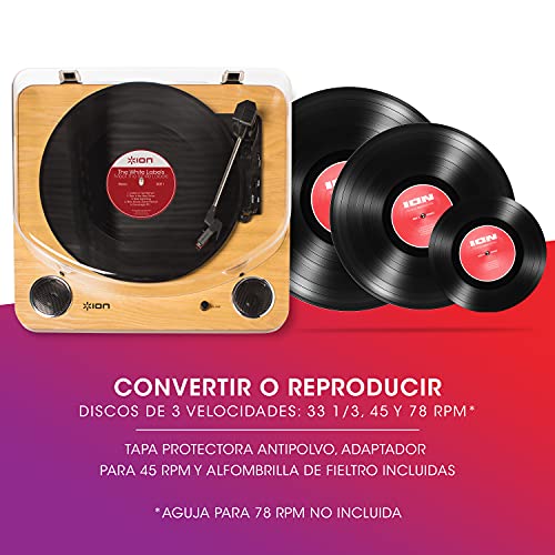 ION Audio Max LP - Tocadiscos de vinilo de 3 Velocidades con Altavoces estéreo, Salidas Auriculares y RCA, Salida USB para Convertir Discos de Vinilo a Archivos Digitales, Acabado en Madera