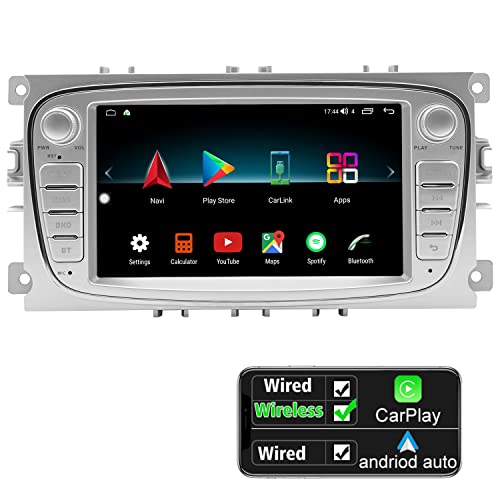 IYING Android 10 Autoradio Incorporado Inalámbrico CarPlay Android Auto para Focus Pantalla IPS de 7 Pulgadas Am FM RDS Radio WiFi Bluetooth Audio Estéreo para automóvil con GPS navegación (Plata)