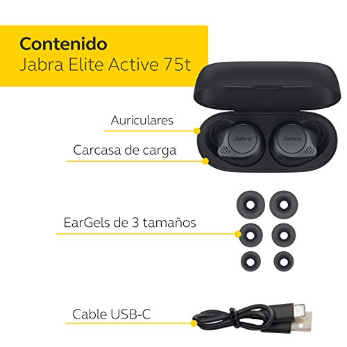 Jabra Elite Active 75t, Auriculares deportivos inalámbricos con Cancelación Activa de Ruido y batería de larga duración para llamadas y música , Gris