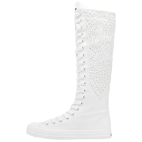 Jamron Chicas Mujer Moda Rodilla Alta con Cordones Botas de Lona Puro Blanco Cremallera Botas de Danza Encaje SN815 EU35