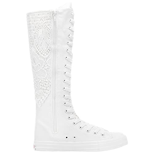 Jamron Chicas Mujer Moda Rodilla Alta con Cordones Botas de Lona Puro Blanco Cremallera Botas de Danza Encaje SN815 EU35