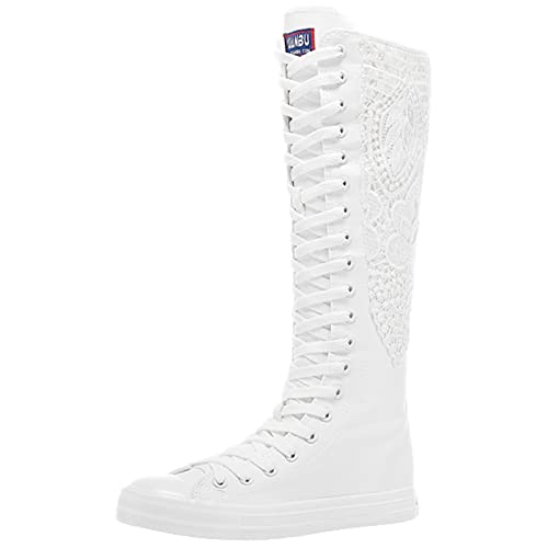 Jamron Chicas Mujer Moda Rodilla Alta con Cordones Botas de Lona Puro Blanco Cremallera Botas de Danza Encaje SN815 EU35