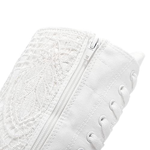 Jamron Chicas Mujer Moda Rodilla Alta con Cordones Botas de Lona Puro Blanco Cremallera Botas de Danza Encaje SN815 EU35