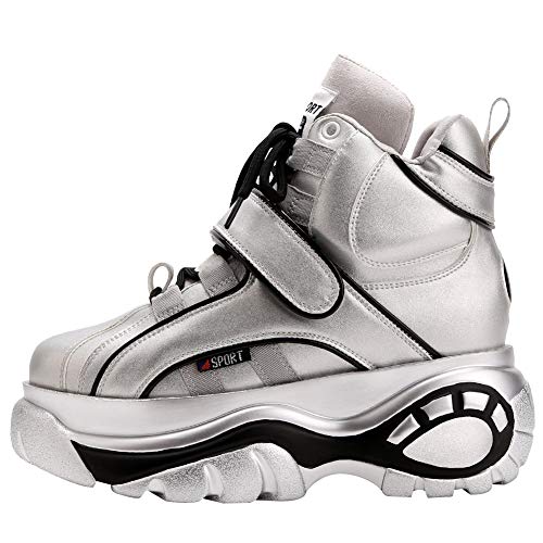 Jamron Mujer Gótico Punk High Top Plataforma Zapatillas Chunky con Cordones Zapatillas de Deporte de Cuña Plateado SN02924 EU38