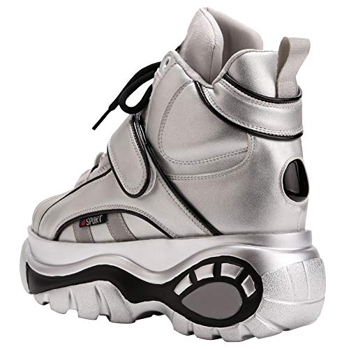 Jamron Mujer Gótico Punk High Top Plataforma Zapatillas Chunky con Cordones Zapatillas de Deporte de Cuña Plateado SN02924 EU38