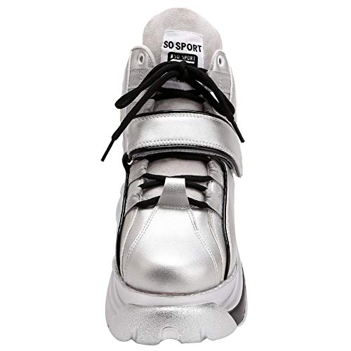 Jamron Mujer Gótico Punk High Top Plataforma Zapatillas Chunky con Cordones Zapatillas de Deporte de Cuña Plateado SN02924 EU38