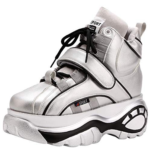 Jamron Mujer Gótico Punk High Top Plataforma Zapatillas Chunky con Cordones Zapatillas de Deporte de Cuña Plateado SN02924 EU38
