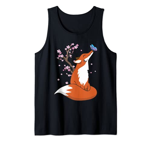 Japanese Sakura Fox Spring Cherry Blossom Flowers Kitsune Camiseta sin Mangas