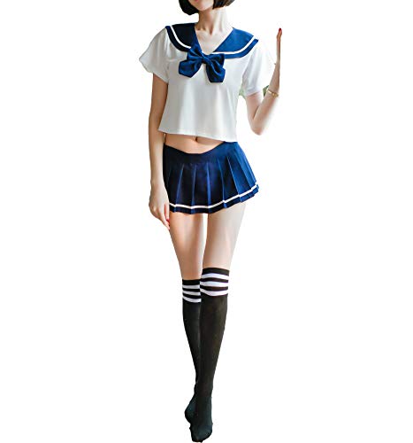 JasmyGirls Disfraz sexy para mujer de colegiala anime cosplay lencería escolar disfraz japonés mini marinero con medias - azul -