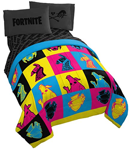 Jay Franco Fortnite Neon Warhol 4 Piece Twin Bed Set - Includes Comforter & Sheet Set - Bedding Features Llama, Peely, Vertex - Super Soft Fade Resistant Microfiber - (Official Fortnite Product)