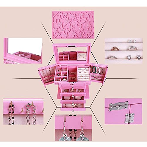 Jewelry Boxes Jewelry Box Solid Wood With Mirror Lock Retro Drawer Multi-function European Ring Necklace Earrings Display Storage Gift 3 Color 31 * 21 * 28cm (Color : Pink) (Color : Walnut Color)