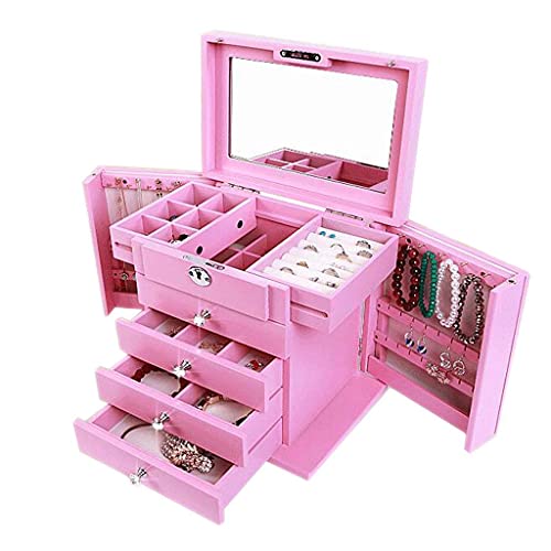 Jewelry Boxes Jewelry Box Solid Wood With Mirror Lock Retro Drawer Multi-function European Ring Necklace Earrings Display Storage Gift 3 Color 31 * 21 * 28cm (Color : Pink) (Color : Walnut Color)