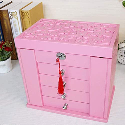 Jewelry Boxes Jewelry Box Solid Wood With Mirror Lock Retro Drawer Multi-function European Ring Necklace Earrings Display Storage Gift 3 Color 31 * 21 * 28cm (Color : Pink) (Color : Walnut Color)