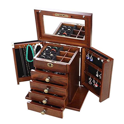 Jewelry Boxes Key Jewelry Box Solid Wood Walnut Ribbon Mirror Retro Four-layer Drawer European Ring Earrings Necklace Watch Display Storage Gift 25 * 15 * 24cm