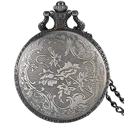 JJYY Reloj de Bolsillo The Elder Scrolls V Theme Retro Bronze 3D Dragon Design Reloj de Bolsillo de Cuarzo con Cadena de Collar para niños Skyrim Colgante Regalos
