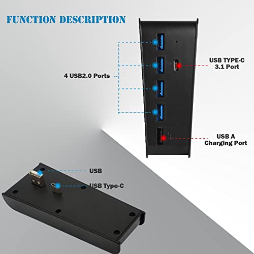 Joso - Hub USB para PS5, extensión USB tipo C 3.1, extensor de transmisión de alta velocidad con 4 USB + 1 puerto de carga USB + 1 puerto USB C convertidor divisor - negro