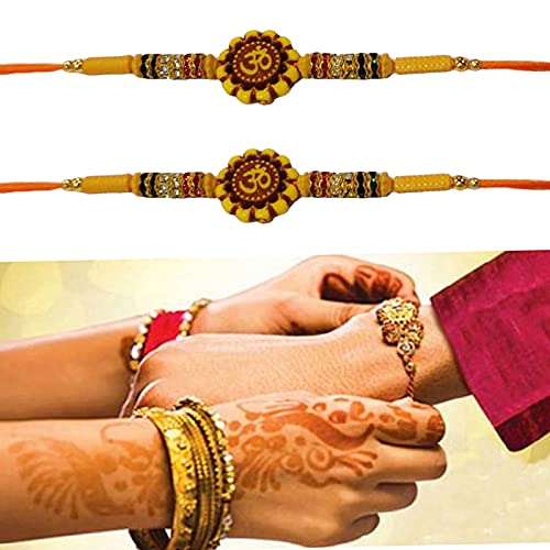 Juego de 2 piezas de belleza de Rakhi Rakhi – Imagen del maravilloso Om en ambos lados en la placa redonda hecha a mano más una combinación de piedra marrón y verde y roja. Rakhi para Brother