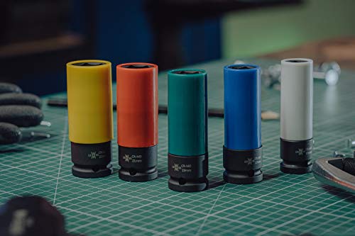 Juego de 5 vasos de impacto con protectores para llantas de aluminio 15mm, 17mm, 19mm, 21mm, 22mm para atornillador de impacto WIESEMANN 1893 I 80287