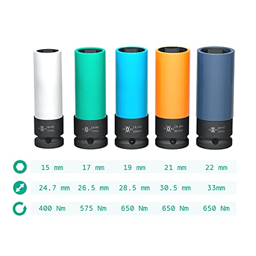 Juego de 5 vasos de impacto con protectores para llantas de aluminio 15mm, 17mm, 19mm, 21mm, 22mm para atornillador de impacto WIESEMANN 1893 I 80287