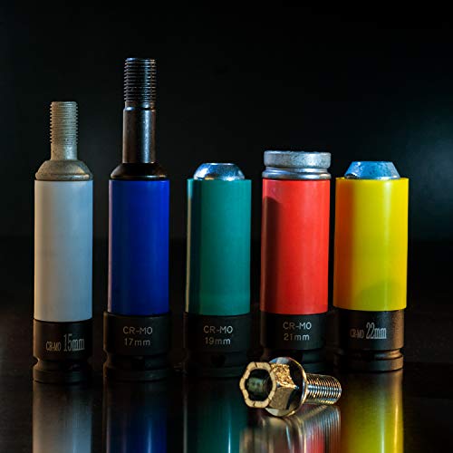 Juego de 5 vasos de impacto con protectores para llantas de aluminio 15mm, 17mm, 19mm, 21mm, 22mm para atornillador de impacto WIESEMANN 1893 I 80287