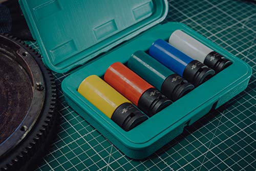 Juego de 5 vasos de impacto con protectores para llantas de aluminio 15mm, 17mm, 19mm, 21mm, 22mm para atornillador de impacto WIESEMANN 1893 I 80287