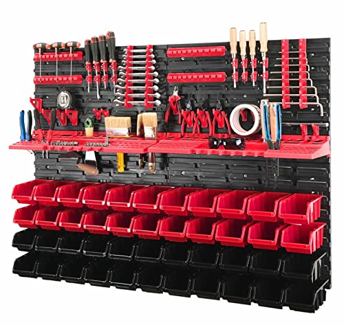 Juego de 90 piezas de pared para herramientas de 1152 x 780 mm con 44 cajas apilables, estantería perforada con soportes para herramientas para taller, sistema de almacenamiento, plastico