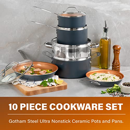 Juego de cocina de acero Gotham con revestimiento antiadherente Ti-Cerama de Chef Daniel Green Vajilla Fry Pans, Stock Pots and Steamer Insert - gris
