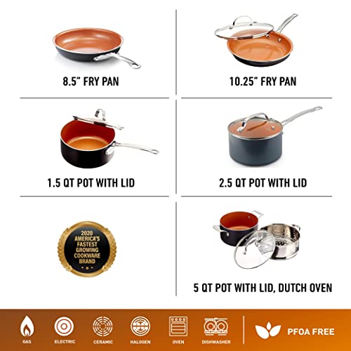 Juego de cocina de acero Gotham con revestimiento antiadherente Ti-Cerama de Chef Daniel Green Vajilla Fry Pans, Stock Pots and Steamer Insert - gris