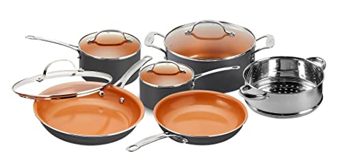 Juego de cocina de acero Gotham con revestimiento antiadherente Ti-Cerama de Chef Daniel Green Vajilla Fry Pans, Stock Pots and Steamer Insert - gris