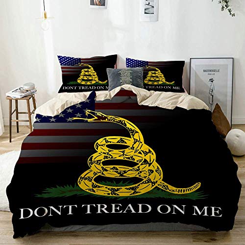 Juego de ropa de cama de 3 piezas, estilo bandera americana serpiente amarilla de dibujos animados Don 't Tread on Me, juego de funda nórdica con cremallera de lujo moderno con 2 fundas de almohada Ju