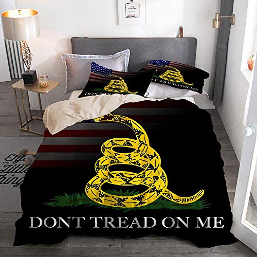 Juego de ropa de cama de 3 piezas, estilo bandera americana serpiente amarilla de dibujos animados Don 't Tread on Me, juego de funda nórdica con cremallera de lujo moderno con 2 fundas de almohada Ju
