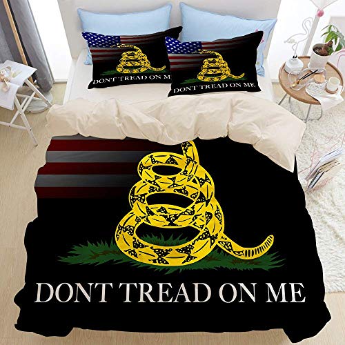 Juego de ropa de cama de 3 piezas, estilo bandera americana serpiente amarilla de dibujos animados Don 't Tread on Me, juego de funda nórdica con cremallera de lujo moderno con 2 fundas de almohada Ju