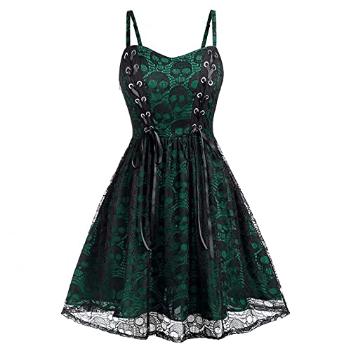 Julhold Vestido temático de Halloween para mujer, estilo gótico, vintage, cintura alta, con cordones, vestido de fiesta, vestido de túnica (verde, XL)