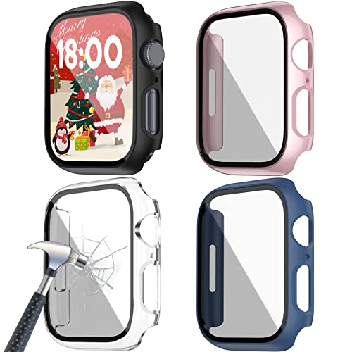 Jvchengxi [4 Piezas] Mate Funda para Apple Watch Series 7 41mm Protector de Pantalla, PC Duro Carcasa Protectora Antiarañazos Vidrio Templado Cubierta Estuche (Claro/Negro/Oro Rosa/Azul Marino)