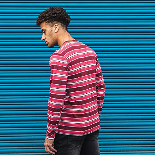 Kandor Camisetas de manga larga para hombre, camisetas casuales de rayas 100% algodón, granate, XL