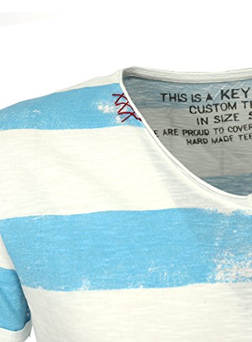 KEY LARGO Hombres T-Shirt Airline Vintage Busque Rayado con Costura V-Cuello Luz Azul XXL