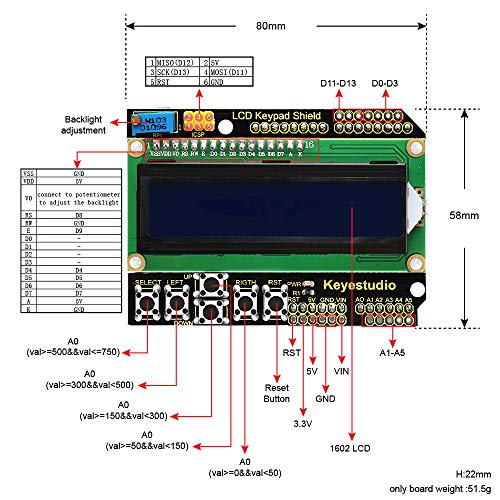 KEYESTUDIO LCD Teclado Escudo Junta Módulo 1602 Compatible con Ajuste de Contraste y Control de para Arduino IDE