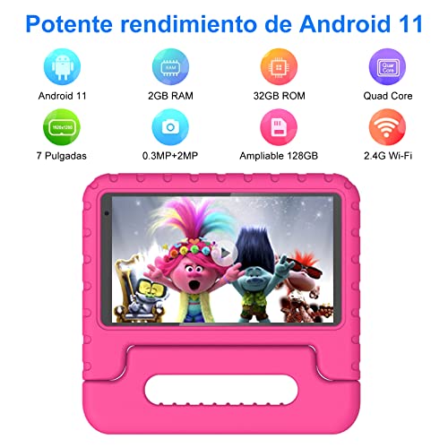 Kids Tablet 7 Pulgadas de Cuatro núcleos 1.6GHz Aocwei Android 11 HD Tableta para niños, 32GB (TF 128GB) | Wi-Fi | Cámaras duales | Control Parental | Estuche a Prueba de niños, Rosa roja