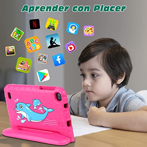 Kids Tablet 7 Pulgadas de Cuatro núcleos 1.6GHz Aocwei Android 11 HD Tableta para niños, 32GB (TF 128GB) | Wi-Fi | Cámaras duales | Control Parental | Estuche a Prueba de niños, Rosa roja