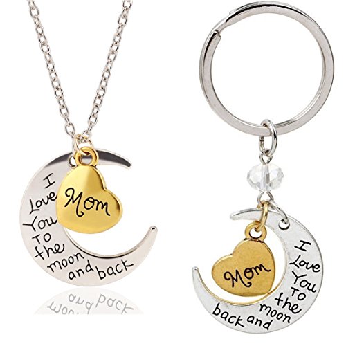 Kim Johanson - Juego de regalo para la madre "I love you to the Moon and Back", collar y llavero en plata y oro, incluye estuche regalo