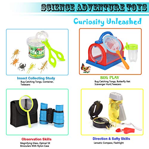 Kit de exploración al aire libre y set de captura de insectos con prismáticos, brújula, lupa, red de mariposas y mochila para niños de 3 a 10 años