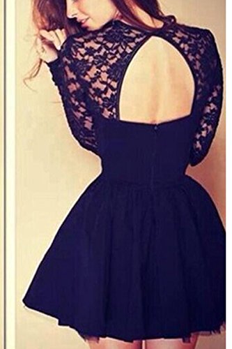 La Mujer Elegante Encaje Patchwork Hollow Out Key Hole Mini Vestido Skater Swing Black L