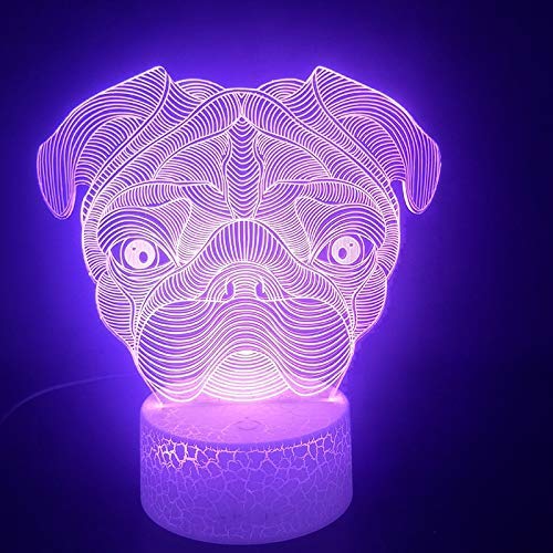 Lámpara de ilusión 3D Light Pug Puppies Colorido con control remoto Base brillante Suministro directo Alimentado por batería Entrega visual LED Luz nocturna