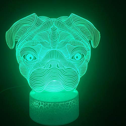 Lámpara de ilusión 3D Light Pug Puppies Colorido con control remoto Base brillante Suministro directo Alimentado por batería Entrega visual LED Luz nocturna