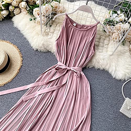 Laura Lily - Nuevo 2021 Vestidos Mujer. Falda Plisada, Vestido de Tejido Encaje, Vestido con Tirantes. Estilo Casual y Elegante, Ideal para Fiestas, Boda, Ceremonia y Playa. (Plisado Tira Rosa)